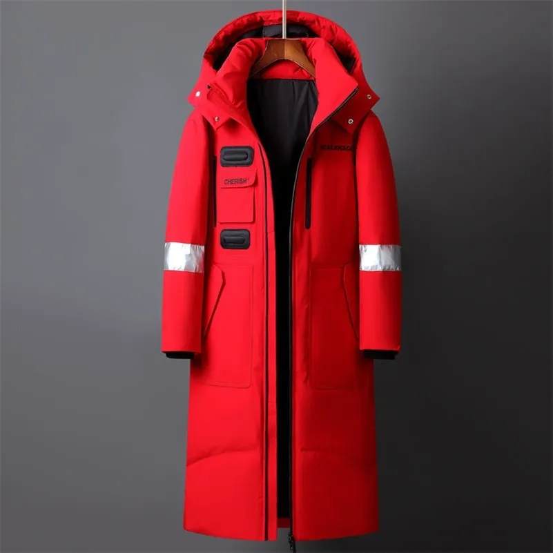 Hiver Hommes Long Blanc Canard Down Vestes À Capuche Mode Épaissir Chaud Pardessus Lâche Manteaux Homme Parkas Noir Rouge Blanc 211110