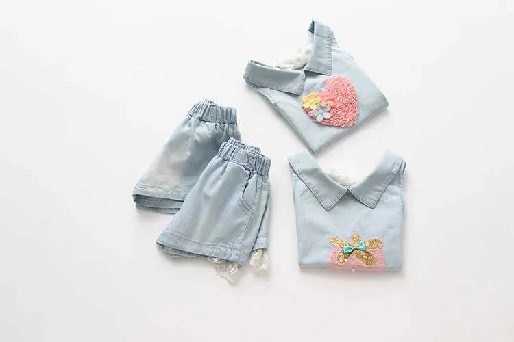 Girls Clothes Summer 2-10 Years Old Kids Embroidery Lovely Flower Heart Vest T Shirt+Shorts Lace Denim Blue 2 Piece Sets (10)