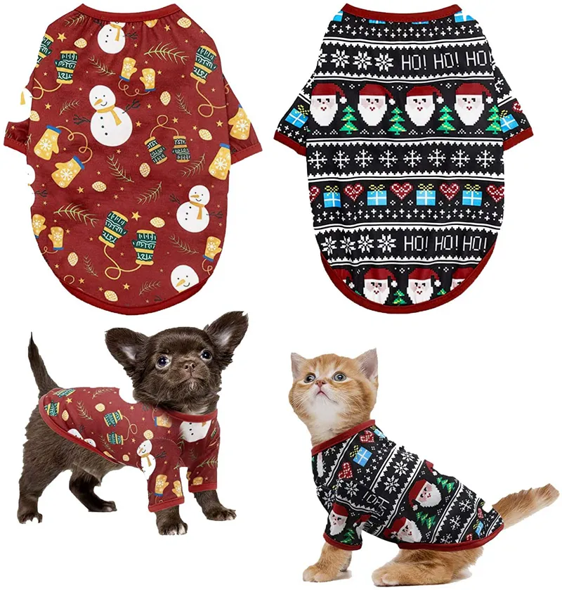 Abbigliamento per cani in cotone a 8 colori Cani Vestiti natalizi Camicia per cuccioli Cucciolo di Babbo Natale Costume da pupazzo di neve per piccoli cagnolini e gatti Omino di marzapane Alce Fiocco di neve S Rosso A86
