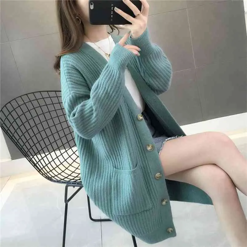 Ladies Knitted V-neck Cardigan Mid-length Casual Loose Single-breasted Coat Jacket Female Thick Outwear Women's Autumn Winter 210805