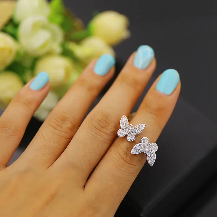 Fashion Classic 4/Four Leaf Clover Open Butterfly Band Rings S925 Silver 18K Gold with Diamonds for Women&Girls Valentine`s Mother`s Day Engagement Jewelry Gift