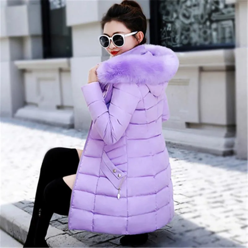 Fashion Hooded Down Female Cotton Jacket Slim Fur Collar Big Size Winter Thick Coat