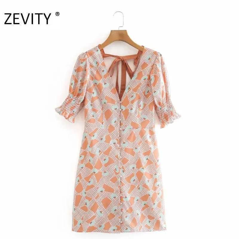 ZEVITY Kadınlar Fransız Tarzı V Boyun Baskı Tokaları Bir Çizgi Mini Elbise Bayanlar Geri V Şerit Ruffles Yay Vestidos Günlük Elbiseler DS4285 210603