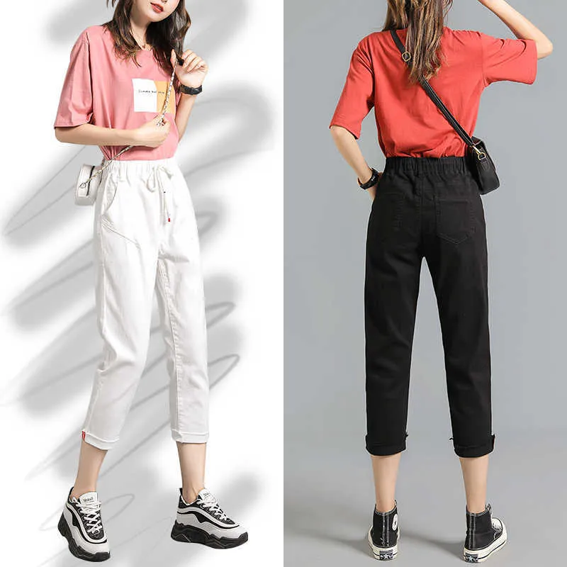 Zoenova White Black Ladies Capris Denim Pants 2021 Summer Korean Fashion Slim Low Waist Women'S Jeans Trend 3XL 4XL 5XL Size Q0801