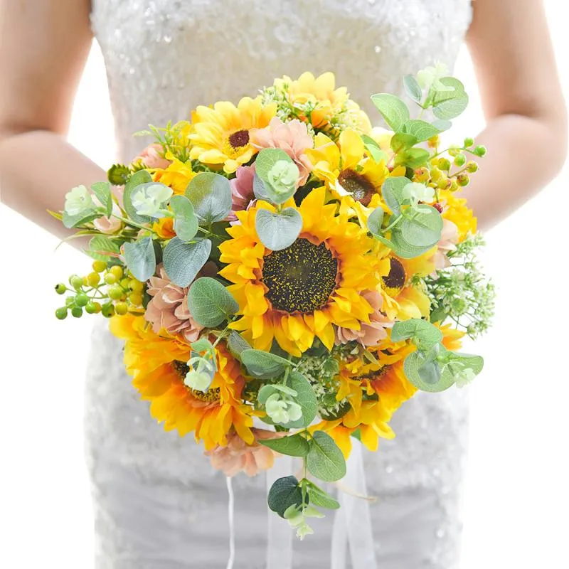 Fleurs décoratives Couronnes Artificielle Bouquet De Tournesol Soie Faux Fleur DIY Bouquets De Mariage Centres De Table Arrangements Party Home Decorat