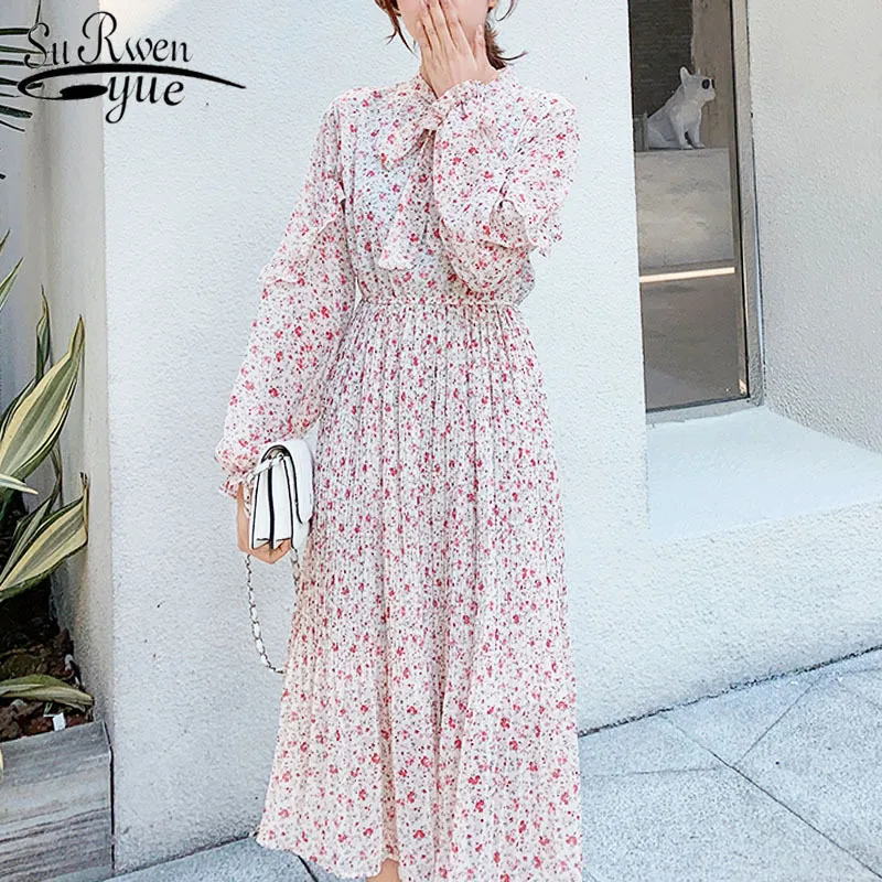 Elbise Kadın Bahar Flare Kol Ruffles Baskı A-Line Şifon İmparatorluğu Yay Zarif Elbise Çiçek Vintage 8550 50 210427