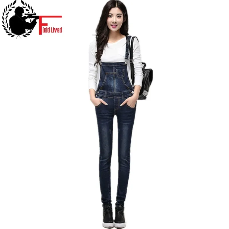 Qualidade Macacão Denim Macacões Mulheres Combinaison Femme Cintura Alta Elegante Ajustável Strap Jeans Jeans Calças Calças Mulheres 210518