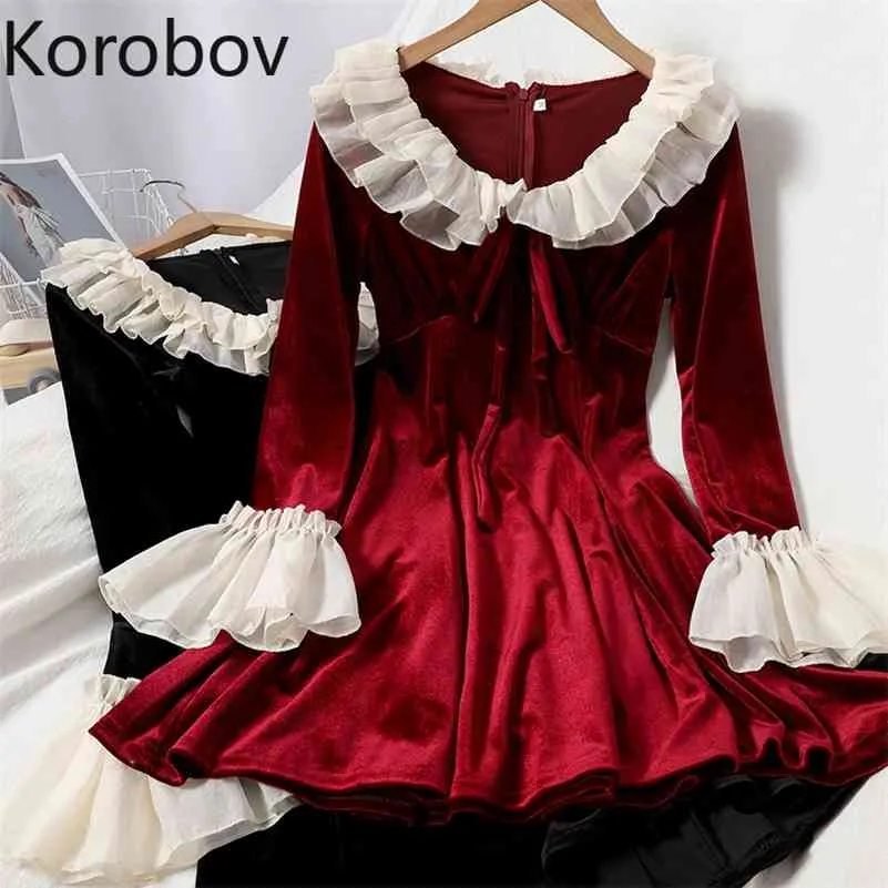 Korobov Korean Fashion Ruffles Mesh Patchwork O Neck Dress New Autumn Winter Velvet Flare Sleeve Dresses Elegant Vestiods 210430