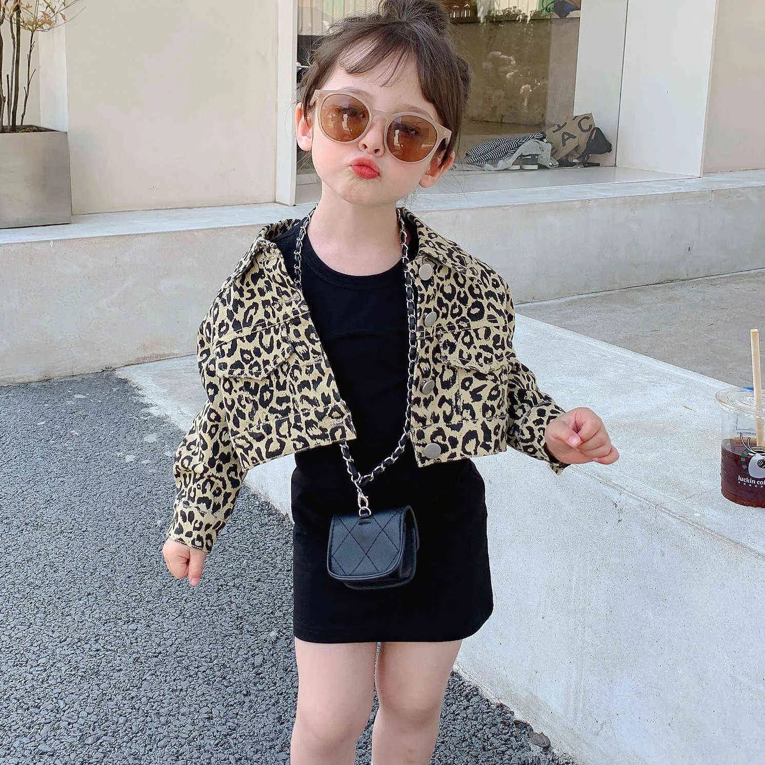 Toddler Girl Jacket Set Leopard Coat och Svart Klänning Barn 2 st Kläder Satser Fall Kläder för Baby Girl Jacket 210715