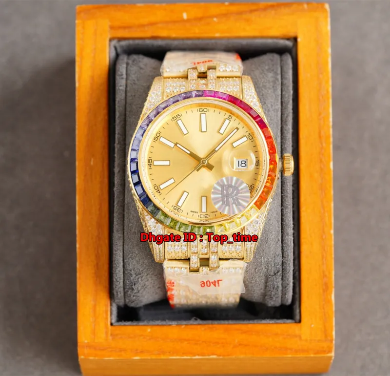 Relógios de luxo RRF 41mm gelado para fora diamantes completos Cal.3135 relógio automático dos homens Sapphire arco-íris Bezel Champagne Dial Diamante 18k Gold Bracelet Gents relógios de pulso