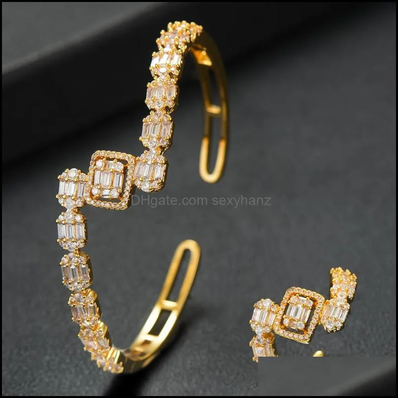 Earrings & Necklace 2021 Trendy Luxury Saudi Arabia Open Bangle Ring Set For Women Full Cubic Zircon Pave Party Wedding Arabic Dubai