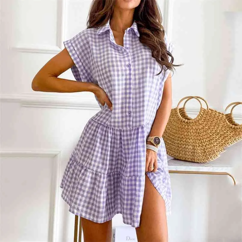 夏のビーチのドレスのための女性の緩い半袖シャツの襟ステッチの格子縞のドレスカジュアルな小型獣医服210508