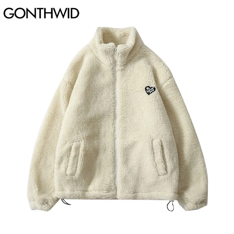 Hip Hop Winter Fleece Fluffy Jacket Streetwear Harajuku Fuzzy Zipper Coat Men Autumn Solid Color Lightweight Jackets Black Beige 211214