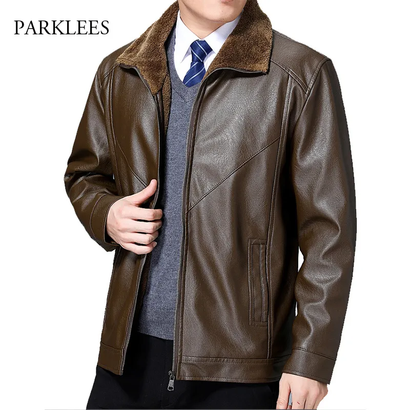 Pu Leather Jacket Mens Plus Velvet Warm Stand Collar Retro Coat Casual Vintage Thick Solid Oversized Outwear Men Jacket 210524