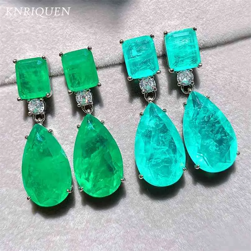 Trend 925 Sterling Silver Paraiba Tourmaline Emerald Gemstone Big Drop Earrings for Women Cocktail Party Fine Jewelry Giift 210625