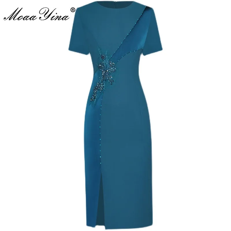 Diseñador de moda Fiesta de verano Elegante vestido azul O-cuello de mujer Empalme de manga corta con cuentas Slim Midi Vestidos 210524