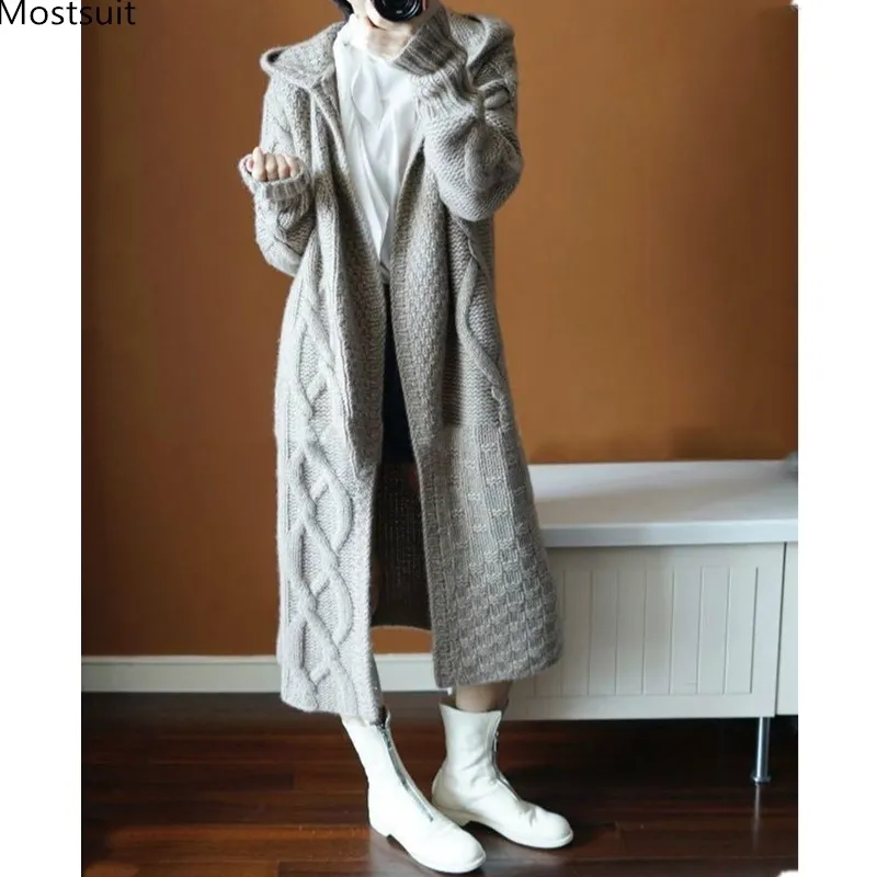 Herfst winter lange losse dikke gebreide hooded vest voor vrouwen kris-cross volledige mouw trui tops Koreaanse dames vestigans 210514