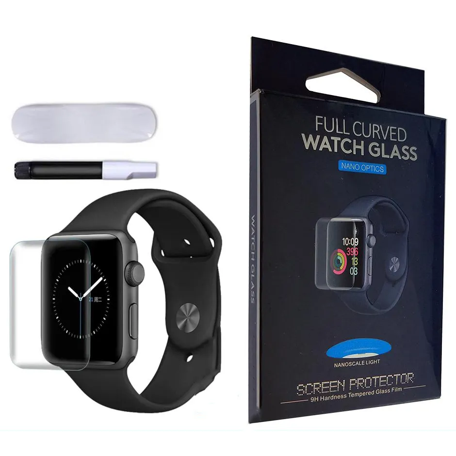 UV Nano Sıvı Tam Kapak Temperli Cam Ekran Parçaları Koruyucu Apple IWatch 44 42 40 38 Perakende Paketinde