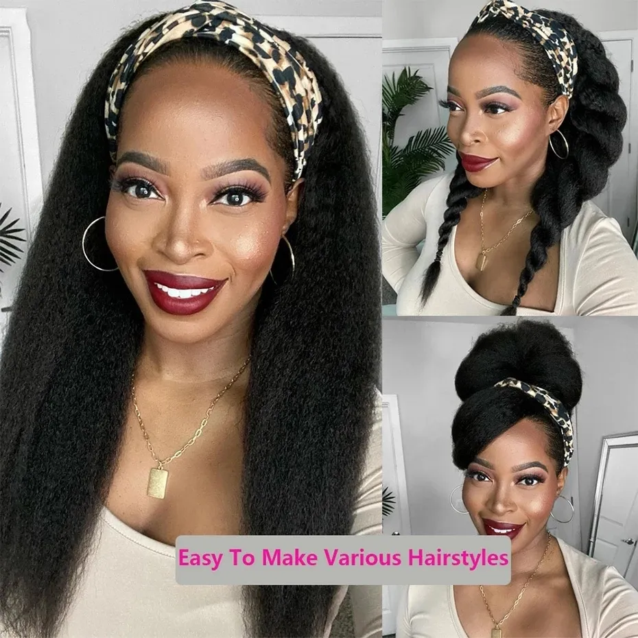 Long Kinky Straight Headband Synthetic Hair Wigs For African American Women Natural Black 16-28 Inch Kanekalon Afro Wig