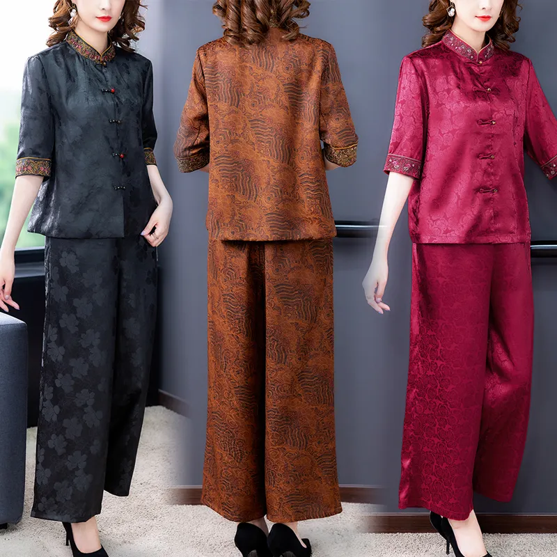 Tang Suit Setleri Artı Boyutu Oryantal Zarif Konfeksiyon Çin Tarzı Kostüm Vintage Desen Giyim Standı Yaka Etnik Giyim
