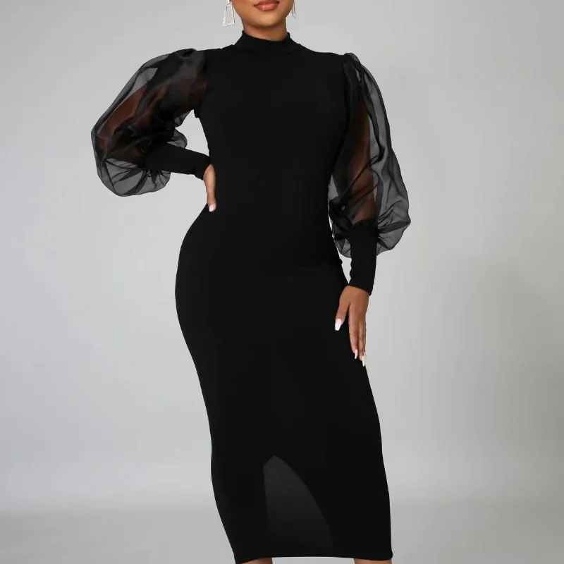 Czarny Bodycon Kobiety Sukienka Patchwork Mesh Długie Rękawy Lanter Szczur Średniej długości Smukły 2021 Elegancka Moda Kobiet Vestidos Casual