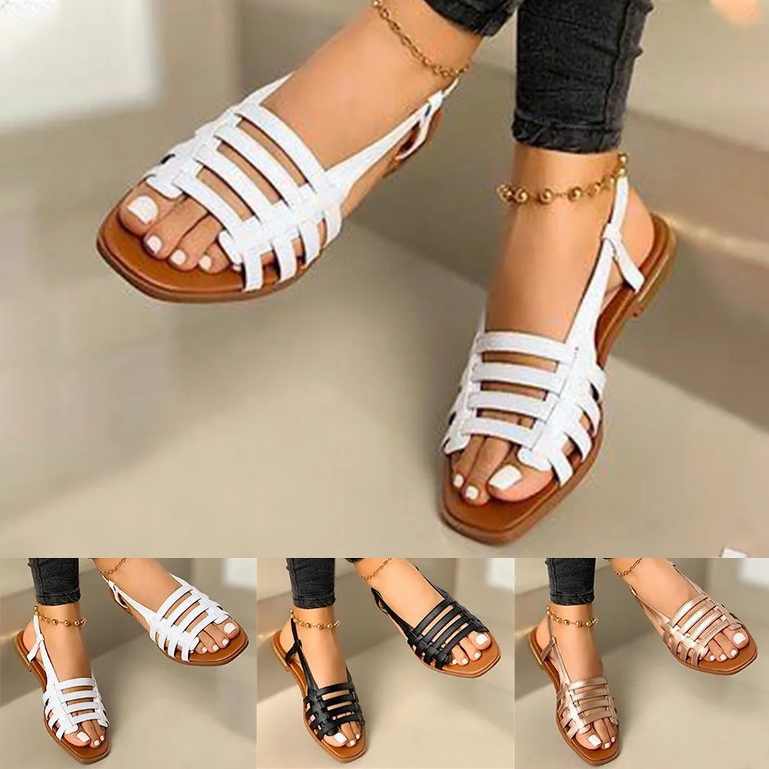 Women Sandals Woman Summer Hollow Out Roman Shoes 2023 Women's Gladiator Open Toe Beach Flats Flats Footies Plus بالإضافة إلى حجم 35-43