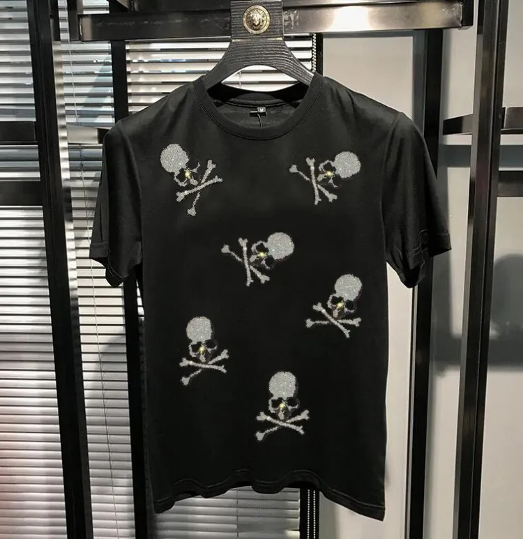 Men's Cotton T Shirts Skull Rhinestone Street Style 2022 Summer Designer Short Sleeve O-neck Casual Men's T-Shirts Red Black White S-4XL