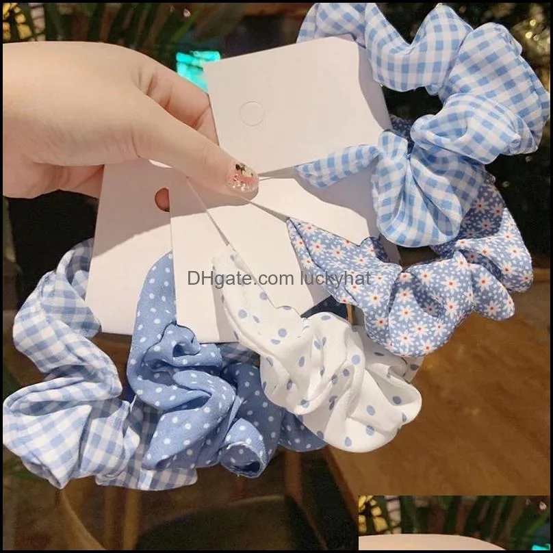 Korea Polka Dot Plaid Stretchy Scrunchies Hair Ties Daisy Print Hair Rope Blue Series Women Girls Ponytail Holder Hair Accessory