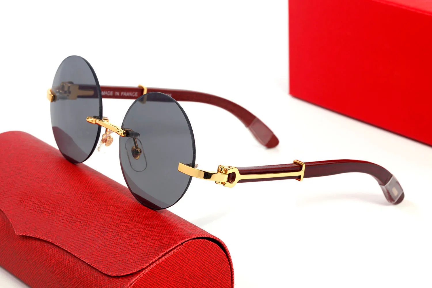 Luxe mode zonnebril randloze designer bril ronde lens metalen houten retro unisex met originele doos frameloze ovale 2021 sier lunettes de soleil