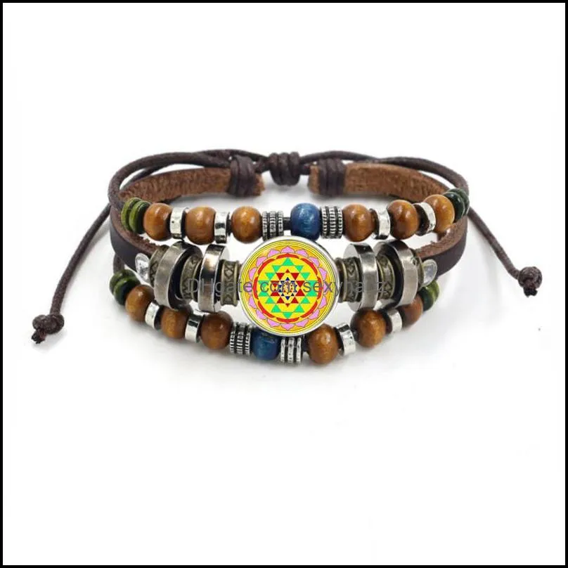 Hinduism Sri Yantra Bracelet Sacred Geometry Amulet Glass Dome Multilayer Leather Snap Button Bracelets For Women Men Jewelry