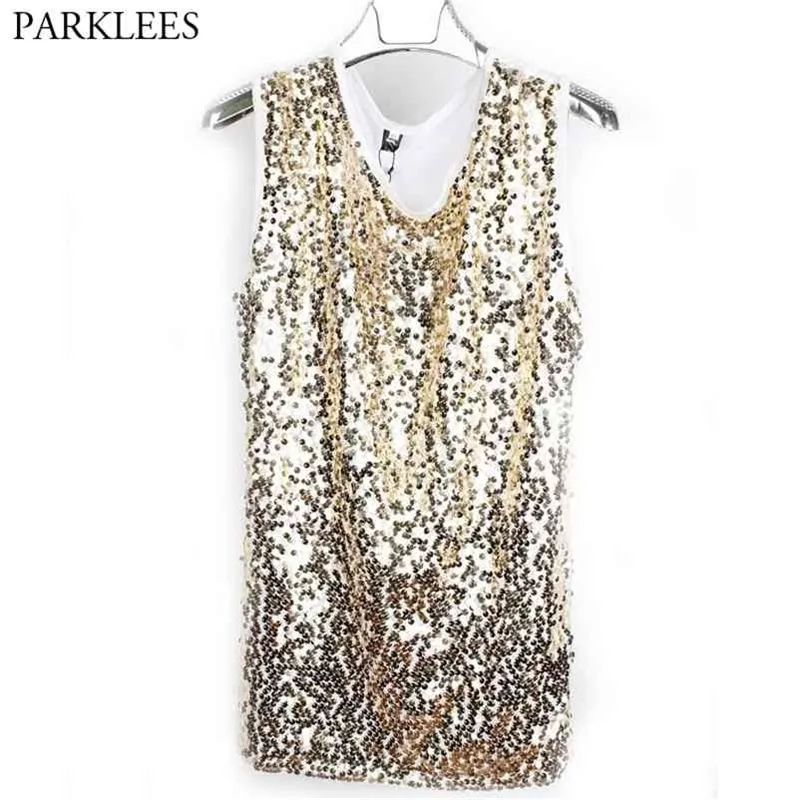 Glänsande guld sequin glitter embellished tank toppar män nattklubb scen utföra dans ärmlös väst mens hip hop elastisk tee shirt 210623