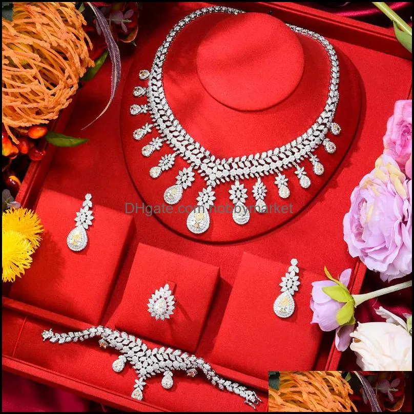 Earrings & Necklace GODKI 4PC Yellow CZ Luxury African Jewelry Set For Women Wedding Party Zircon Crystal Dubai Bridal Gift