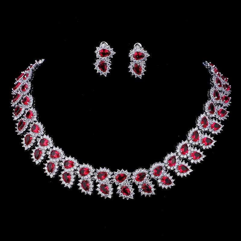 Emmaya Wedding Jewelry Sets Bridal Necklace Set for Women Teardrop White Red Zircon Jewelry Set Silver Color Engagement H1022