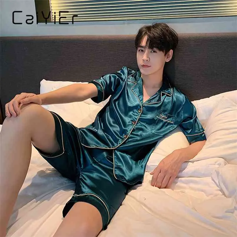 Caiyier Yaz erkek Saten Buz İpek Pijama Kısa Kollu Şort Set Katı Renk Rahat Gevşek Büyük Boy Rayon Pijama L-5XL 210812