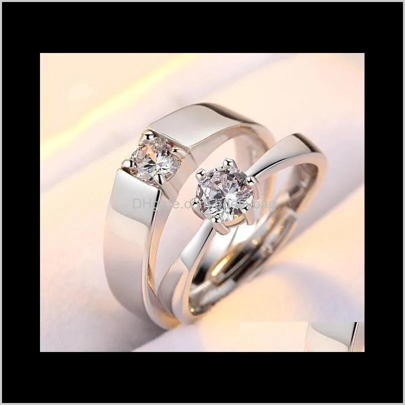 Korea Style Silver Plated Crystal Lover Rings Zircon Couple Ring Opening Adjustable Hand Diamond Jewelry Valentine`s Day Gift For Men