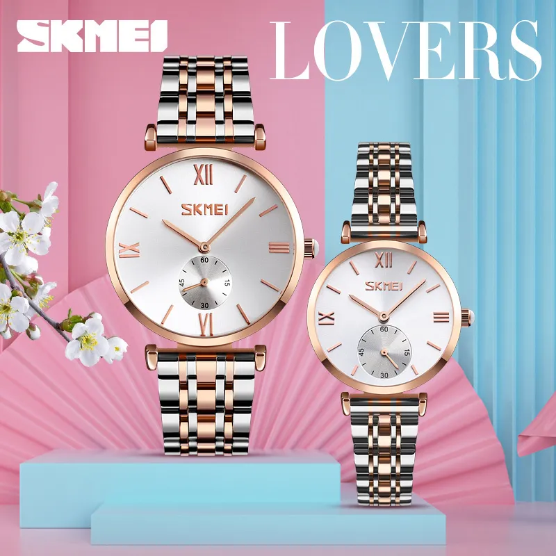 Skmei Ultra Thin Watch Men Women Fashion Dial Quartz Couple Wristwatches Stainless Steel Ladies Mens Watches Regalo Hombre 9198 Q0524