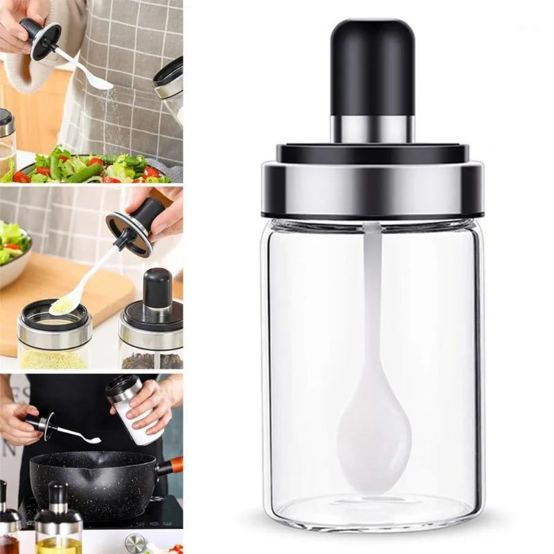 Botellas de almacenamiento Frascos Tanque de condimento de vidrio transparente con cuchara Contenedor de especias Recipiente de azúcar para cocina casera