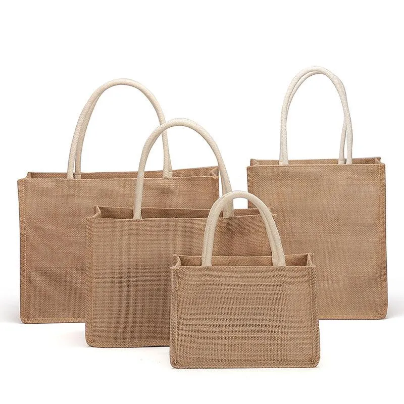 Storage Bags Portable Burlap Jute Shopping Bag Handbag Bamboo Loop Handles Tote Retro DIY Women Big Size Beach For Girls
