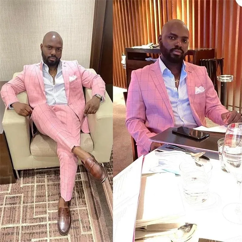 Kostymer för män Blazers Klassisk 2 delar Rosa Rutig Jacka+byxa för män Specialtillverkad Formell Casual Fit Smal Mode Festdräkt