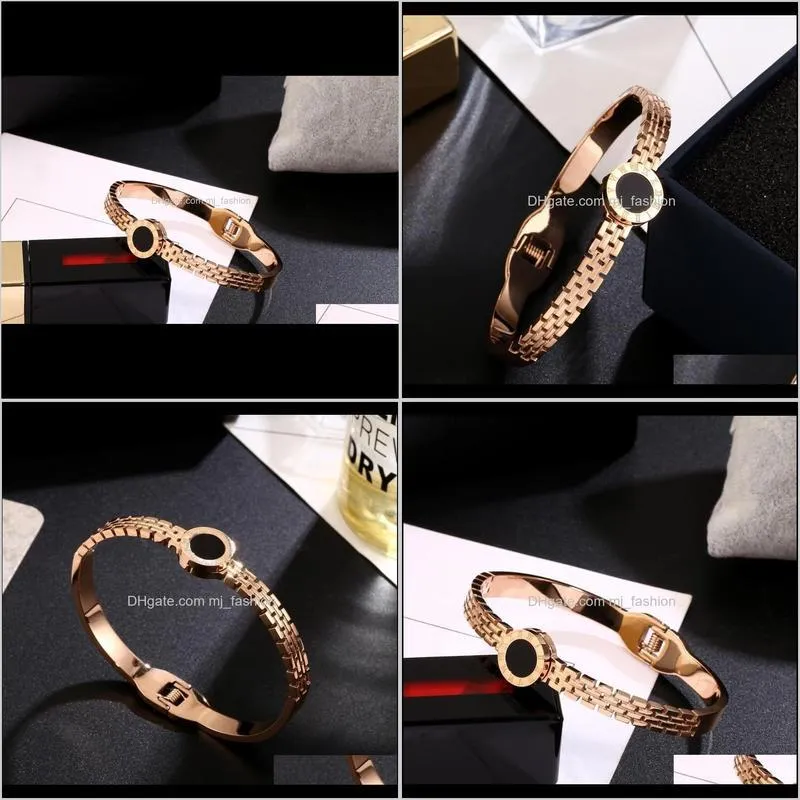 luxury titanium steel classics rome numerals bangle fashion jewelry rose gold bracelet black round concise wristlet jewel women 0175