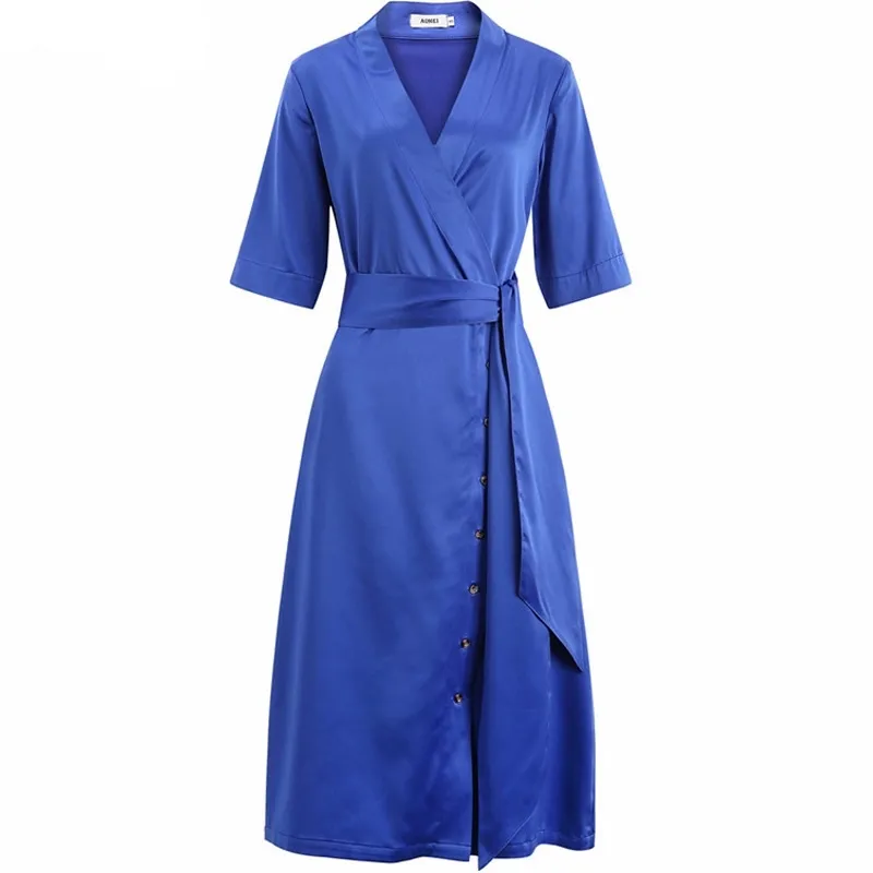 Plus Size Camisa Mulheres Vestidos Meia Manga Uma Linha Cintura Alta Com Sashes V Neck Robes Casuais Comprimento Do Joelho Escritório Senhora Desgaste XXXL 210527