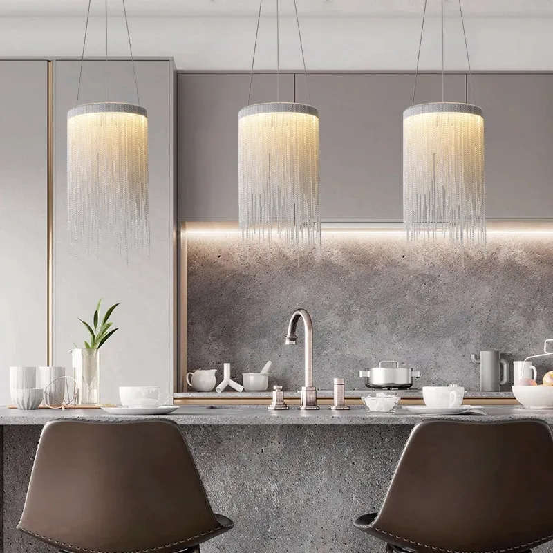 Modern Kolye Işıkları Gümüş Zincir Lambası Mutfak Yemek Odası Yatak Odası Için LED İç Aydınlatma Armatürü Basit Luster Ev Dekorasyonu