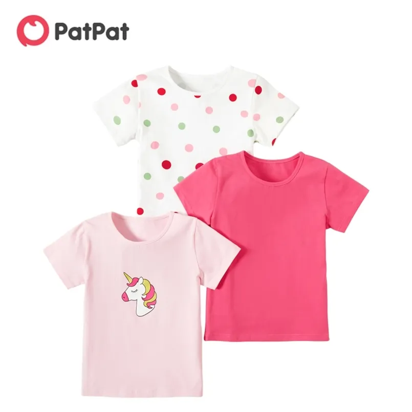 Sommar 3-Piece Girl Unique Solid Polka Dots Tee för 4-10 Barn Kortärmad T-shirt Bomull Kläder 210528