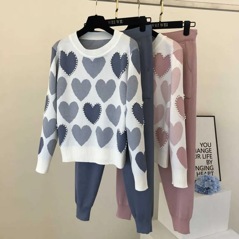 High Quality Women Two Piece Outfits 2020 Fall Ins Sweet Long-Sleeved Knit Sweater Pullover + Elastic Pants Suits 2 Piece Set Y0625
