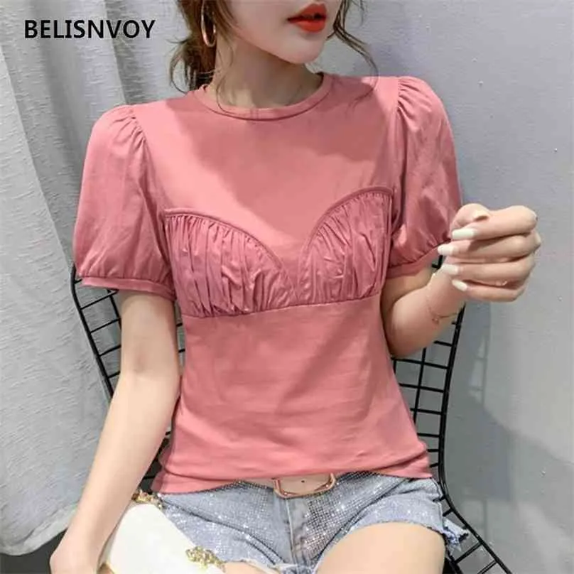 Maglietta bianca rosa coreana Top Abbigliamento donna T-shirt estiva T-shirt slim in cotone con maniche a sbuffo Tee Top Vetement Femme Camisetas 210520