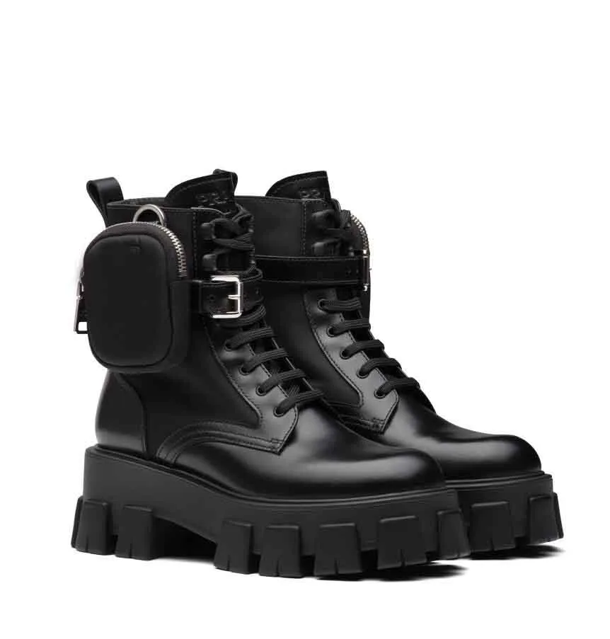F/W Monolith Ankle Boot Brushed Leather Nylon Women's Combat Boots Chunky Lug Sole Rain Footwear Lady Martin Motorcycle Booty