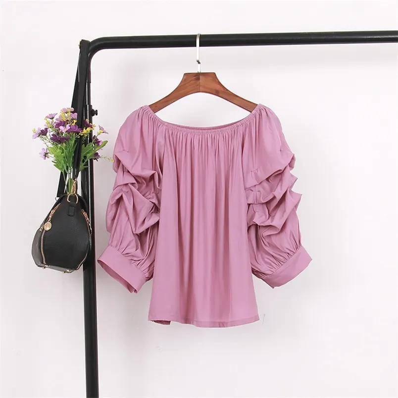 Primavera e verão colarinho de uma linha strapless camisa de manga de três quartos camisa feminina lanterna All-Match Color Sólido Top UK017 210506