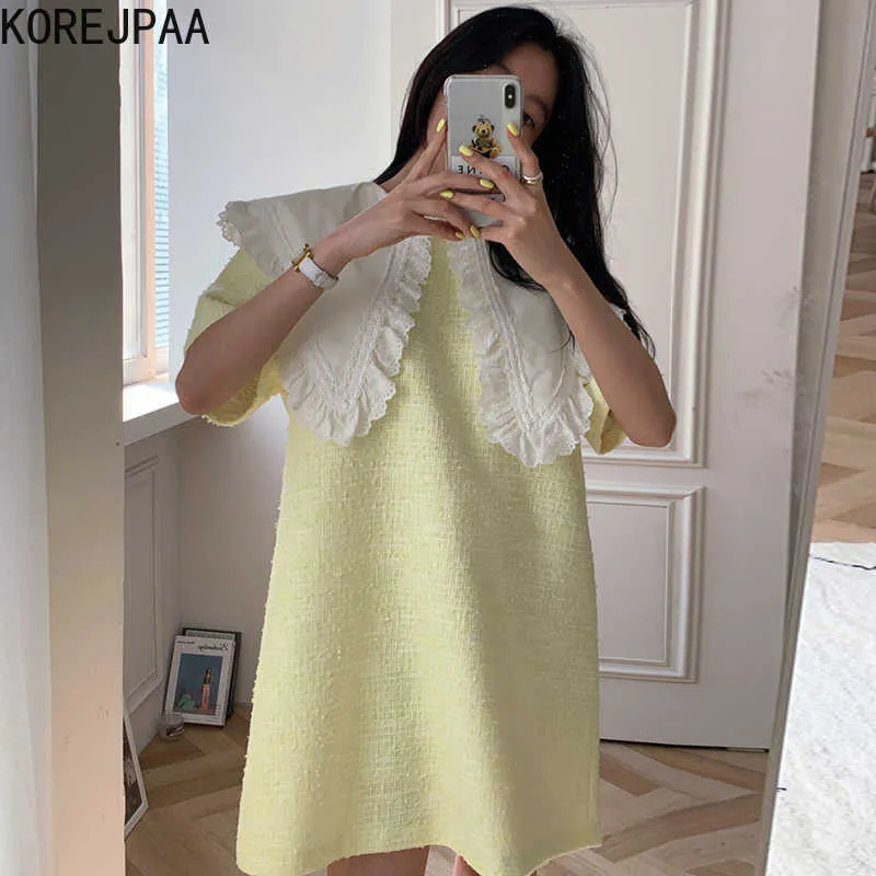 Korejpaa Femmes Robe D'été Coréen Chic Fille Doux Élégant Tempérament Poupée Revers Dentelle Couture Conception Lâche Tweed Robe 210526