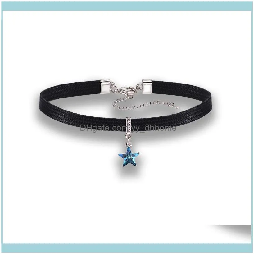 Rhinestone Blue Crystal Star Pendant Necklace Women`s Hanging Clavicle Black Leather Chain Simple Choker Collier Femme Chokers