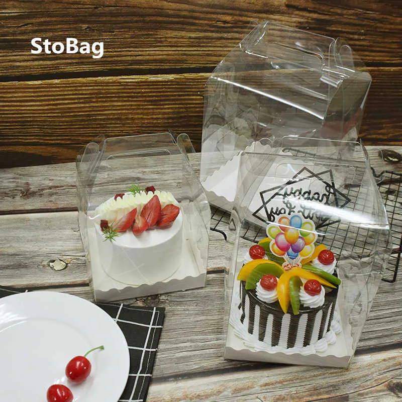 StoBag 10pcs Handle Transparent Heighten Boxes For Cake Decoration Gift Food Package Wedding Birthday Supplies Baby Show 210602